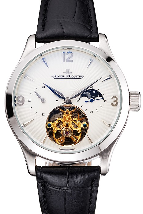 Jaeger LeCoultre Master Moonphase Tourbillon White Dial Stainless Steel Case Black Leather Strap