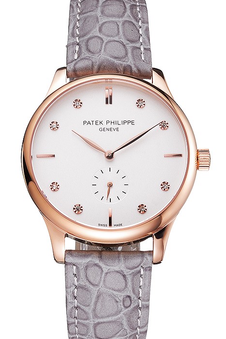 Patek Philippe Calatrava White Dial Diamond Markings Rose Gold Case Gray Leather Strap