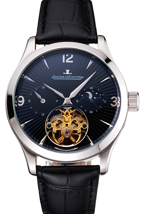 Jaeger LeCoultre Master Moonphase Tourbillon Black Dial Stainless Steel Case Black Leather Strap