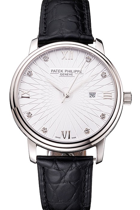 Patek Philippe Calatrava Date White Embossed Dial Stainless Steel Case Black Leather Strap
