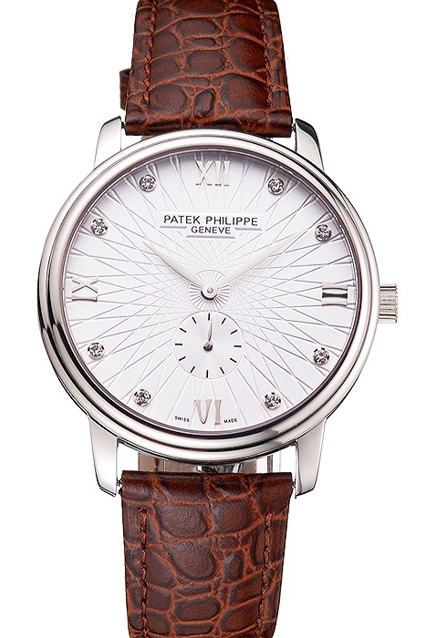 Patek Philippe Calatrava Date White Embossed Dial Stainless Steel Case Brown Leather Strap