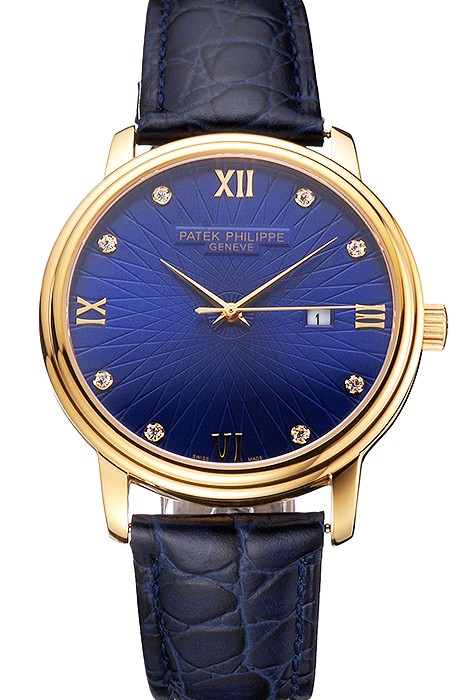 Patek Philippe Calatrava Date Blue Embossed Dial Gold Case Blue Leather Strap