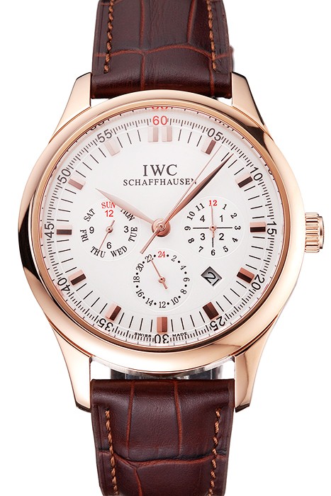 Swiss IWC Portugieser Perpetual Calendar White Dial Rose Gold Case Brown Leather Strap