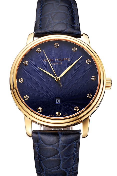 Patek Philippe Calatrava Date Blue Guilloche Dial Gold Case Blue Leather Strap