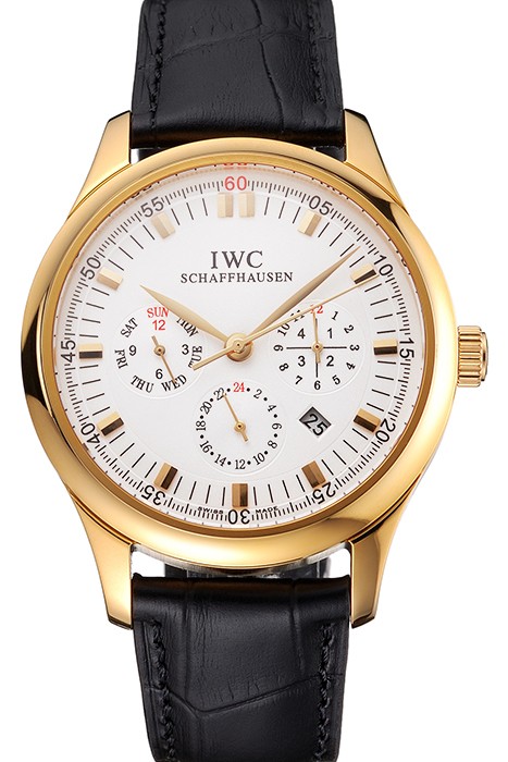 Swiss IWC Portugieser Perpetual Calendar White Dial Gold Case Black Leather Strap