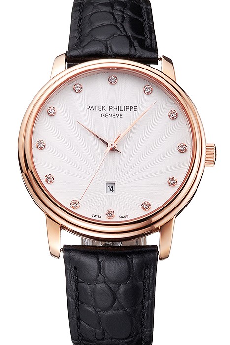 Patek Philippe Calatrava Date White Dial Rose Gold Case Black Leather Strap