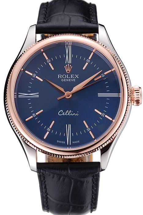 Rolex Cellini Blue Dial Gold Bezel Stainless Steel Case Black Leather Strap  622841