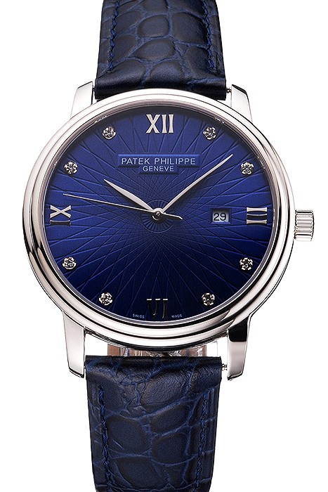 Patek Philippe Calatrava Date Blue Dial Stainless Steel Case Blue Leather Strap