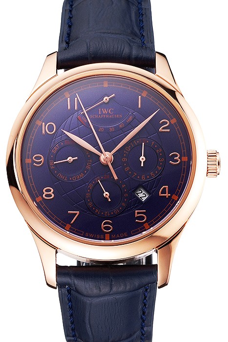 Swiss IWC Portugieser Power Reserve Blue Dial Rose Gold Case Blue Leather Strap