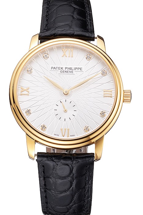Patek Philippe Calatrava White Embossed Dial Gold Case Black Leather Strap