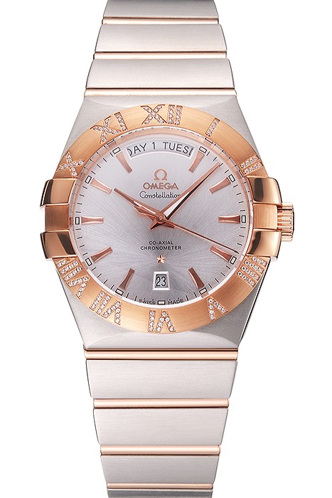 Swiss Omega Constellation White Dial Stainless Steel Case Rose Gold Bezel Two Tone Bracelet