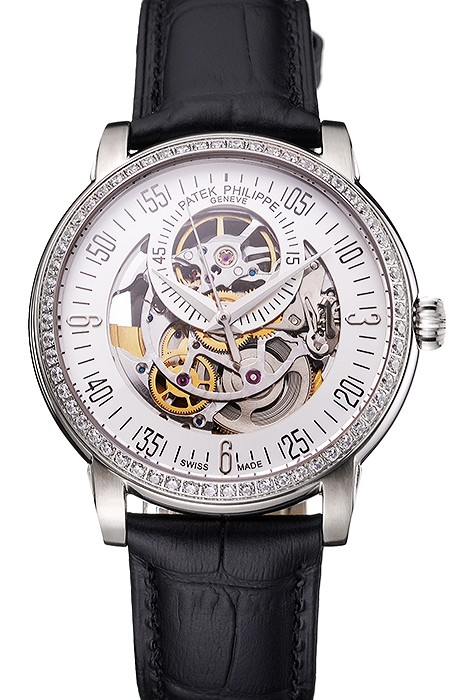 Swiss Patek Philippe Complications Openworked Dial Diamond Bezel Stainless Steel Case Black Leather Strap