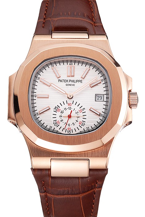 Patek Philippe Nautilus White Dial Rose Gold Case Brown Leather Strap