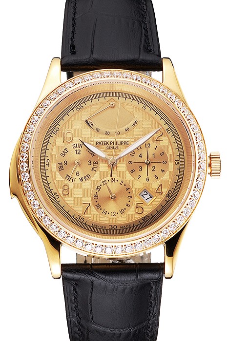 Swiss Patek Philippe Grand Complications Power Reserve Gold Dial And Case Diamond Bezel Black Leather Strap