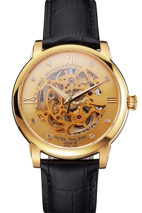 Swiss Patek Philippe Complications Openworked Dial Gold Case Black Leather Strap