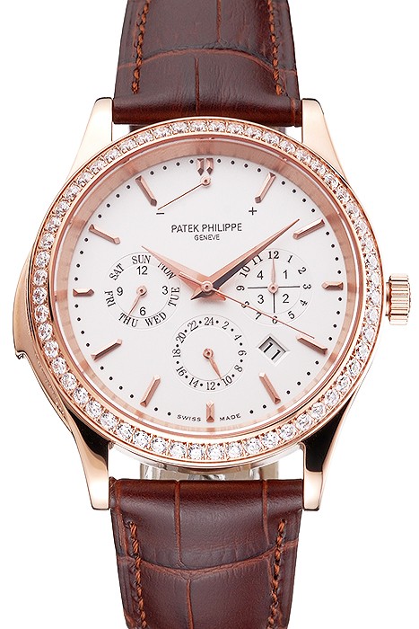 Swiss Patek Philippe Grand Complications Perpetual Calendar White Dial Rose Gold Case Diamond Bezel Brown Leather Strap