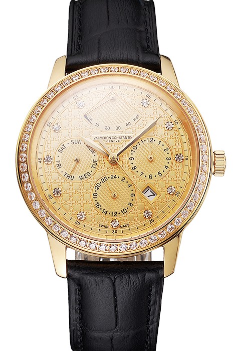 Swiss Vacheron Constantin Traditionnelle Power Reserve Gold Dial And Case Diamond Bezel Black Leather Strap