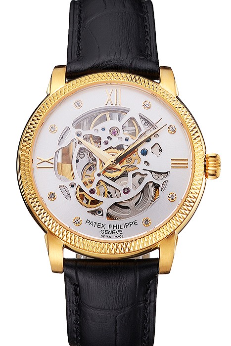Swiss Patek Philippe Complications Openworked Dial Gold Case Fluted Bezel Black Leather Strap
