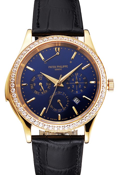 Swiss Patek Philippe Grand Complications Perpetual Calendar Blue Dial Gold Case Diamond Bezel Black Leather Strap