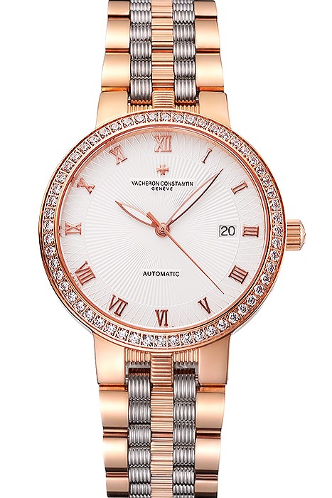 Swiss Vacheron Constantin Traditionnelle White Dial Diamond Bezel Rose Gold Case Two Tone Bracelet