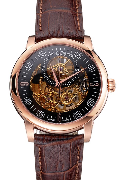 Swiss Patek Philippe Complications Openworked Dial Rose Gold Case Brown Leather Strap