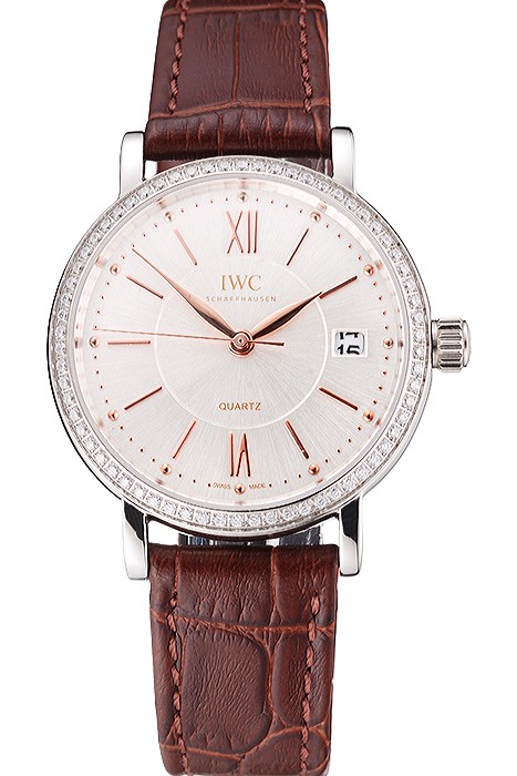 IWC Portofino Silver Dial Stainless Steel Case Diamonds Bezel Brown Leather Strap