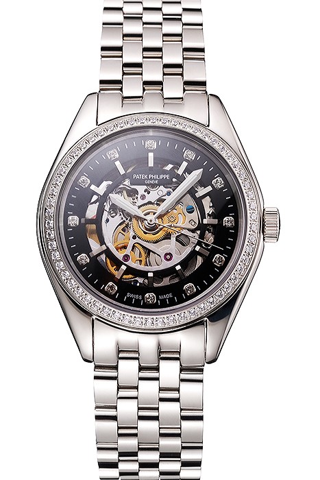 Swiss Patek Philippe Calatrava Black Openworked Dial Diamond Bezel Stainless Steel Case And Bracelet