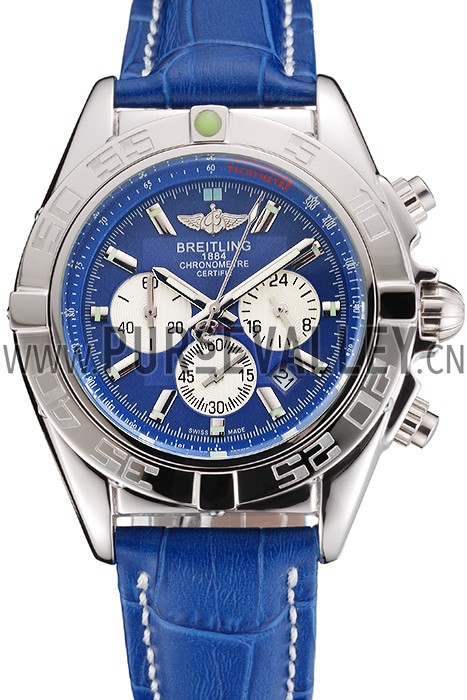 Breitling Chronomat Patrouille De France Blue Dial Stainless Steel Case Blue Leather Strap