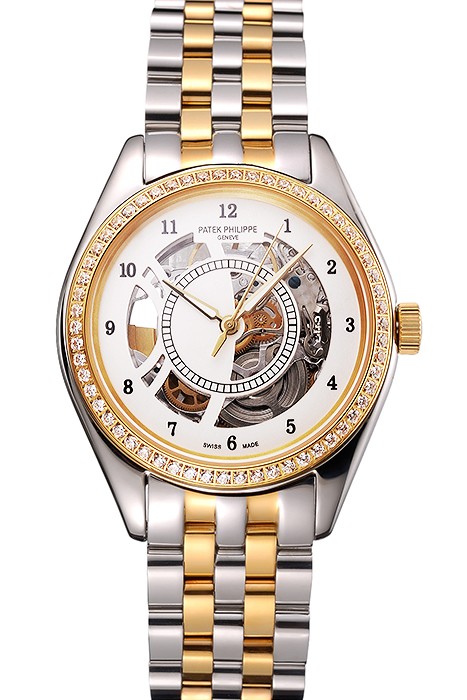 Swiss Patek Philippe Calatrava Openworked Stainless Steel Case Gold Bezel Two Tone Bracelet