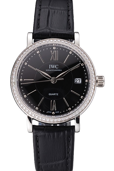 IWC Portofino Black Dial Stainless Steel Case Diamonds Bezel Black Leather Strap