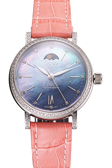 IWC Portofino Moon Phase Mother Of Pearl Dial Stainless Steel Case Diamonds Bezel Pink Leather Strap