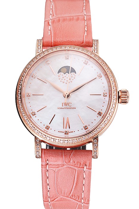 IWC Portofino Moon Phase Silver Dial Rose Gold Case Diamonds Bezel Pink Leather Strap