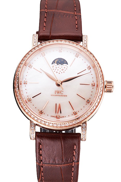 IWC Portofino Moon Phase Silver Dial Rose Gold Case Diamonds Bezel Brown Leather Strap