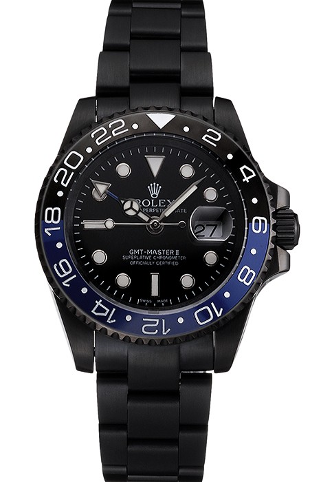 Swiss Rolex GMT Master II Black Dial Blue And Black Bezel Black PVD Case And Bracelet