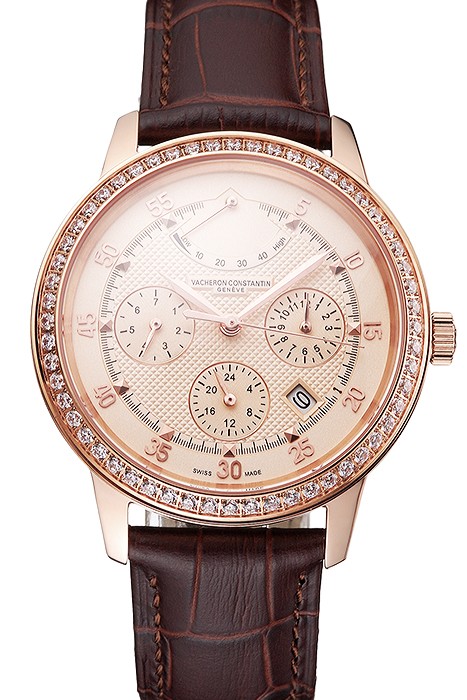 Swiss Vacheron Constantin Traditionnelle Power Reserve Rose Gold Dial And Case Diamond Bezel Brown Leather Strap