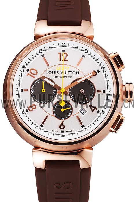 Louis Vuitton Tambour LV277 Chronograph White Dial Rose Gold Case Brown Rubber Strap