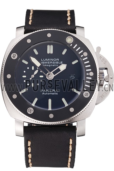 Panerai Luminor Submersible Black Dial Stainless Steel Case Black Bezel Black Leather Strap