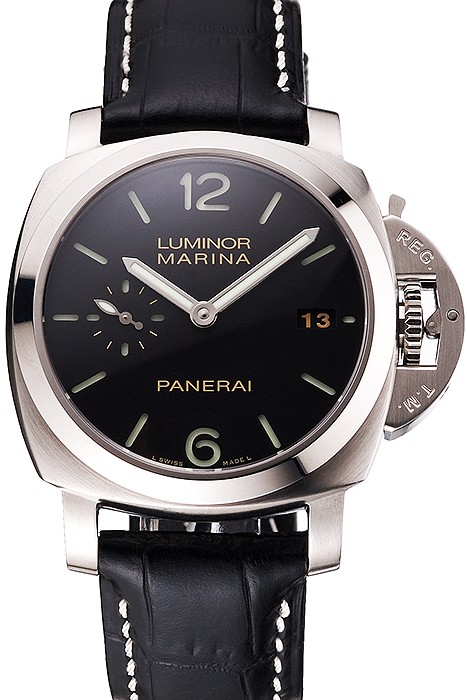 Swiss Panerai Luminor Marina Date Black Dial Stainless Steel Case Black Leather Strap
