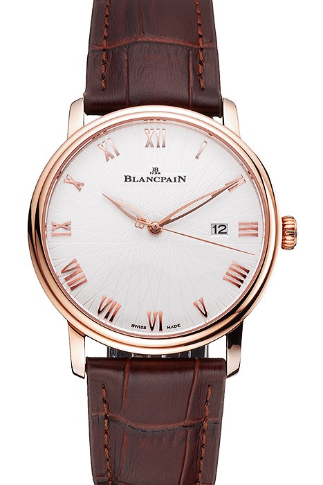 Blancpain Villeret Ultra Slim White Groved Dial Gold Numerals Rose Gold Case Brown Leather Strap