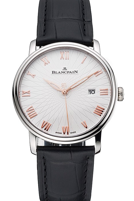 Blancpain Villeret Ultra Slim White Groved Dial Gold Numerals Stainless Steel Case Black Leather Strap
