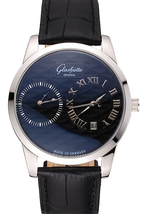 Glashutte Original Black Dial Stainless Steel Case Black Leather Strap