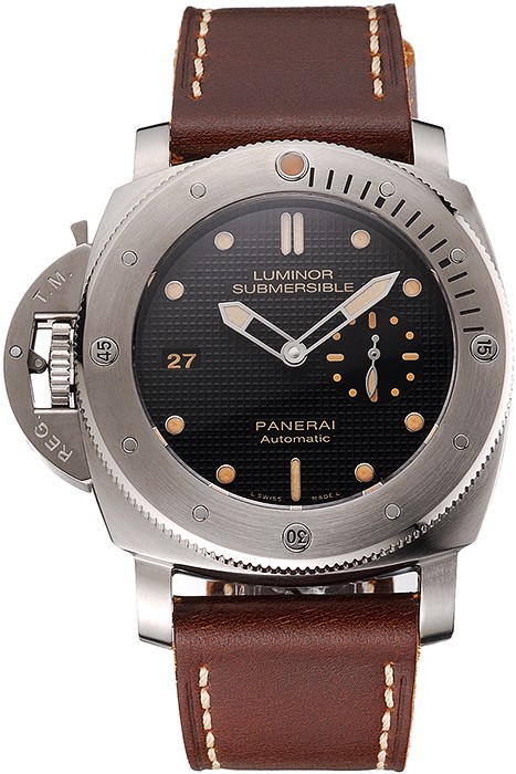 Swiss Panerai Submersible Left Handed Black Embossed Case Stainless Steel Case Brown Leather Strap