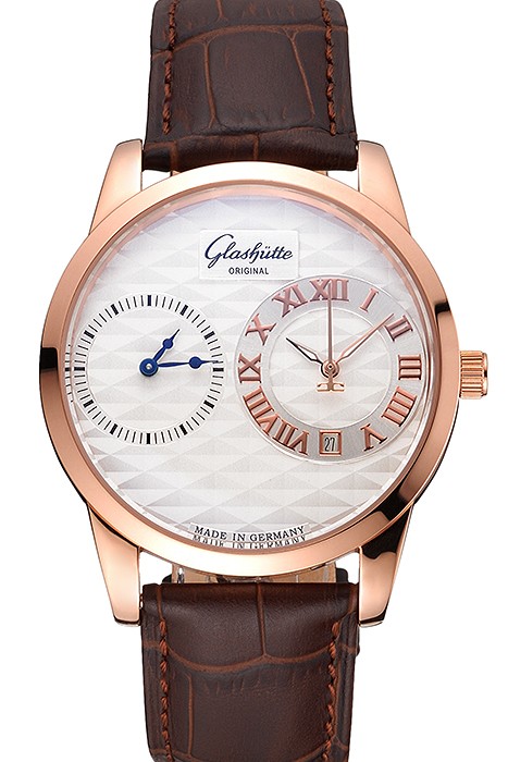 Glashutte Original Silver Dial Rose Gold Case Brown Leather Strap