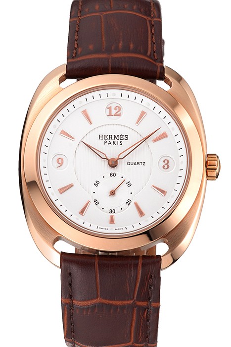 Hermes Dressage White Dial Rose Gold Case Brown Leather Strap