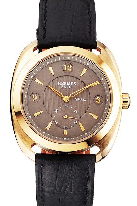 Hermes Dressage Gray Dial Gold Case Black Leather Strap