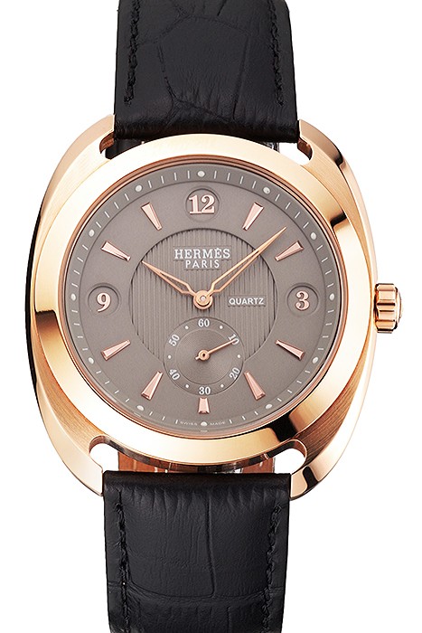 Hermes Dressage Light Brown Dial Rose Gold Case Black Leather Strap