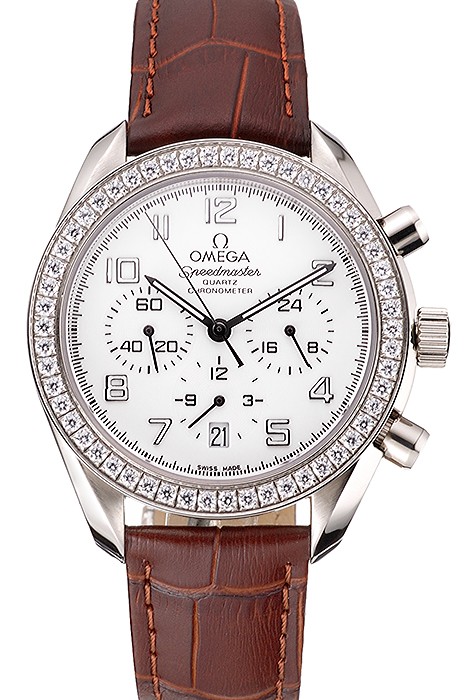 Omega Speedmaster White Dial Stainless Steel Case Diamond Bezel Brown Leather Strap