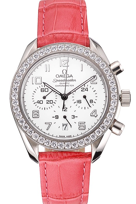 Omega Speedmaster White Dial Stainless Steel Case Diamond Bezel Pink Leather Strap