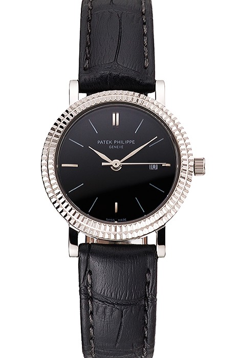 Patek Philippe Calatrava Black Dial Double Ribbed Bezel Stainless Steel Case Black Leather Strap
