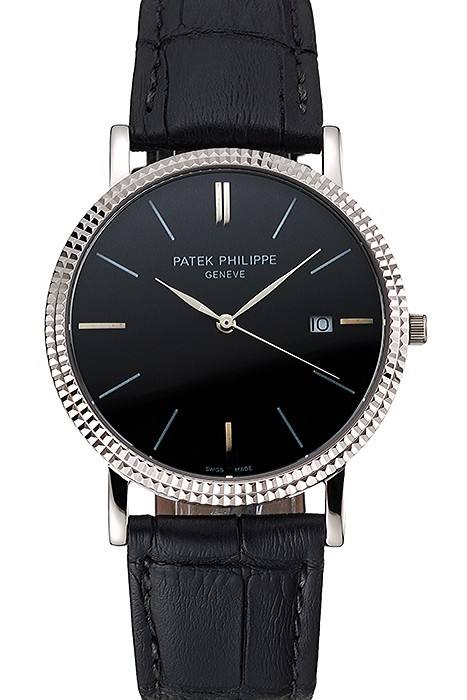 Patek Philippe Calatrava Black Dial Ribbed Bezel Stainless Steel Case Black Leather Strap
